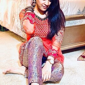 Indian/Pakistani outfit - Red kameez with beautiful faux emerald neckline